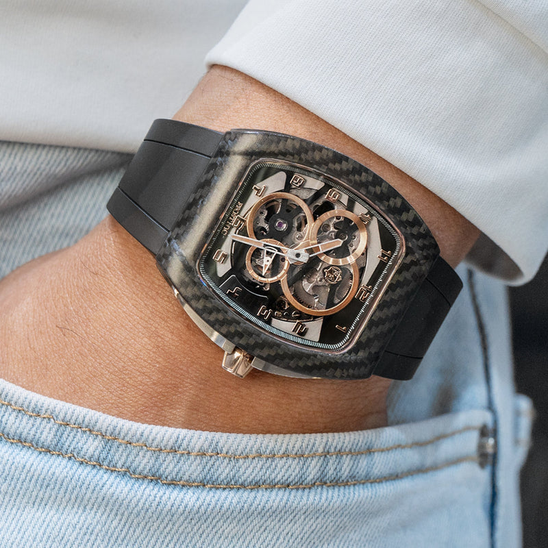 Frost NYC Mens Watch - Automatic Skeleton Carbon Fiber Rose Sport Watch | FRST-01-CFR | Black