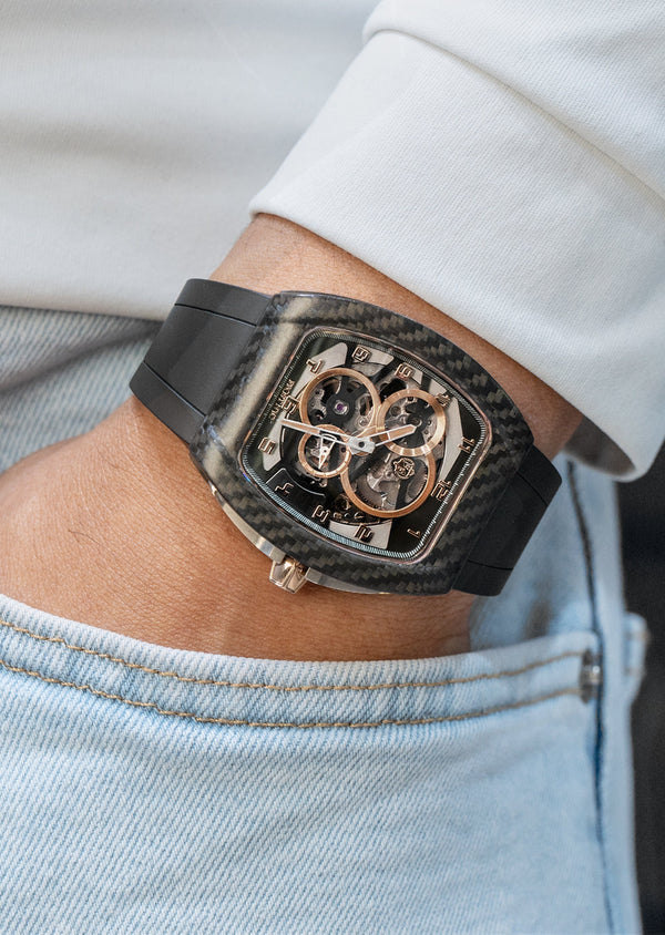 Frost NYC Mens Watch - Automatic Skeleton Carbon Fiber Rose Sport Watch | FRST-01-CFR | Black