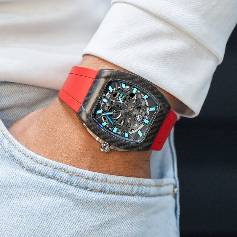 Frost NYC Mens Watch - Automatic Skeleton Carbon Fiber Sport Watch | FRST-01-CFS | Red