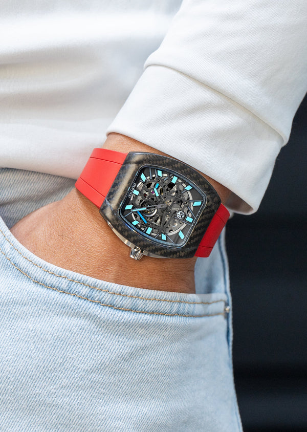Frost NYC Mens Watch - Automatic Skeleton Carbon Fiber Sport Watch | FRST-01-CFS | Red