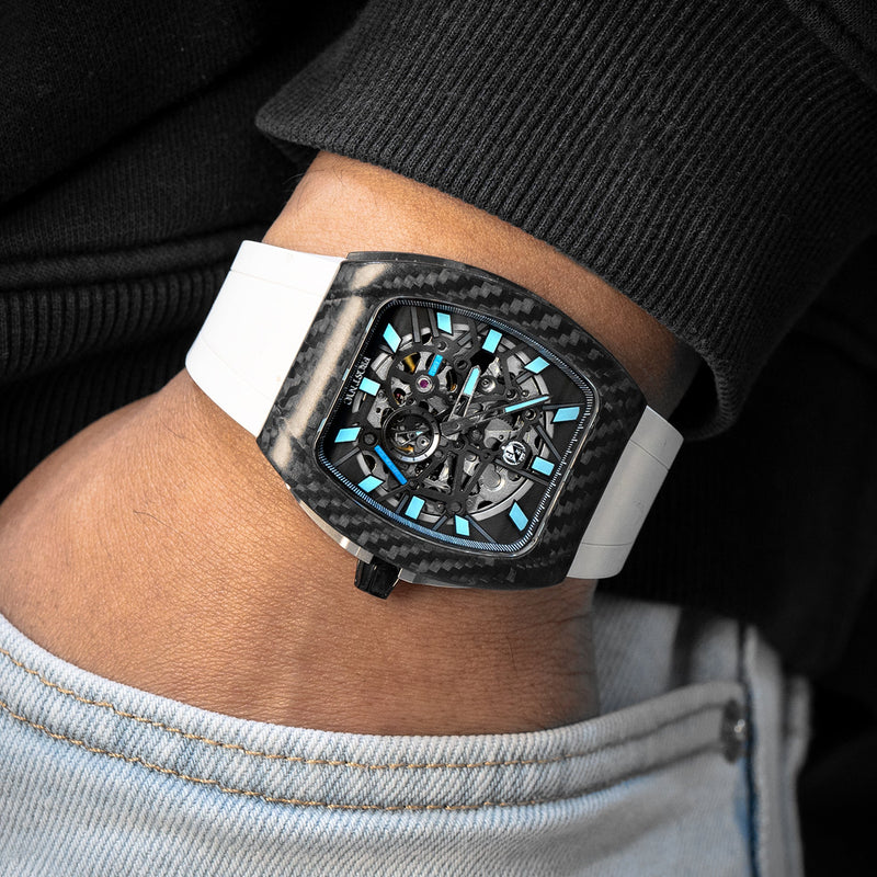 Frost NYC Mens Watch - Automatic Skeleton Carbon Fiber Sport Watch | FRST-01-CFS | White