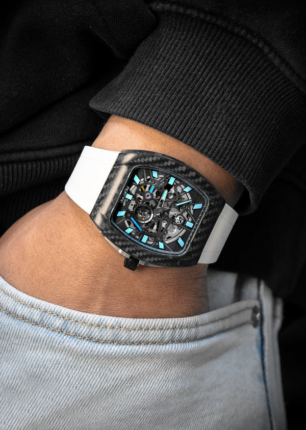 Frost NYC Mens Watch - Automatic Skeleton Carbon Fiber Sport Watch | FRST-01-CFS | White