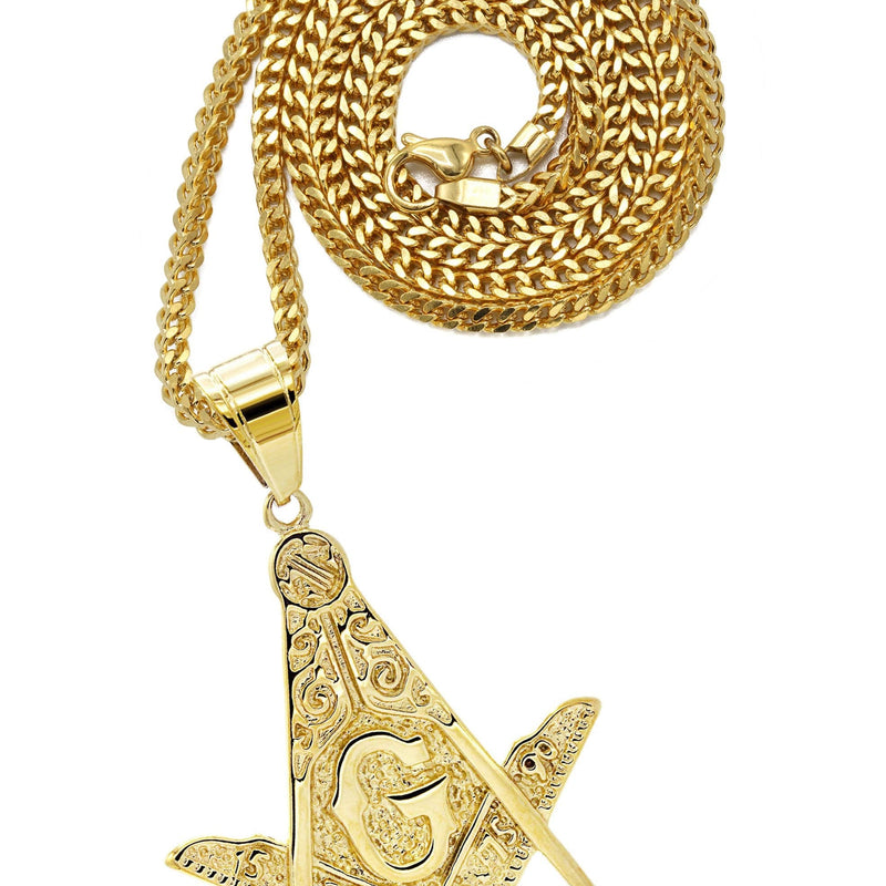 Mens Gold Plated Franco Chain & Freemason Pendant | Appx. 17.5 Grams