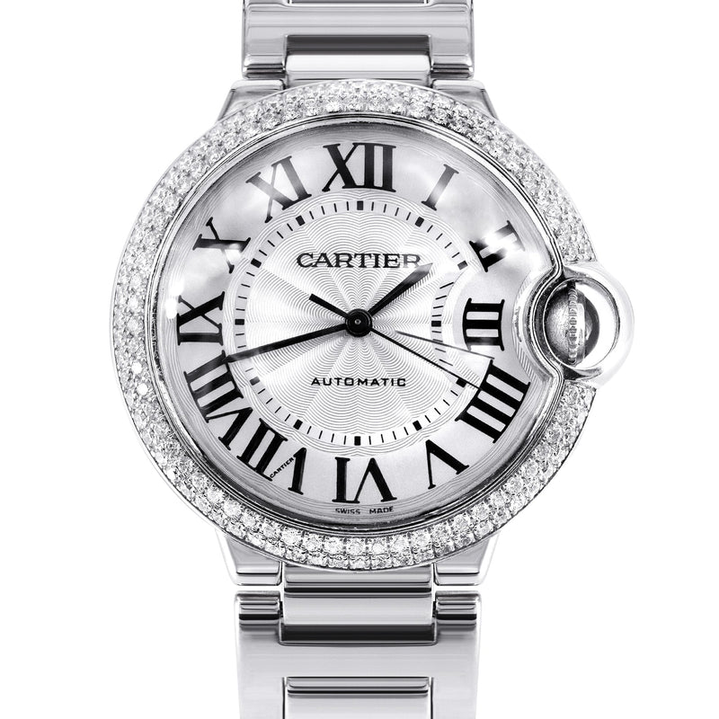 CARTIER DIAMOND BALLON BLEU WATCH IN 18K WHITE GOLD| DIAMOND BEZEL | WHITE ROMAN DIAL | 36 MM