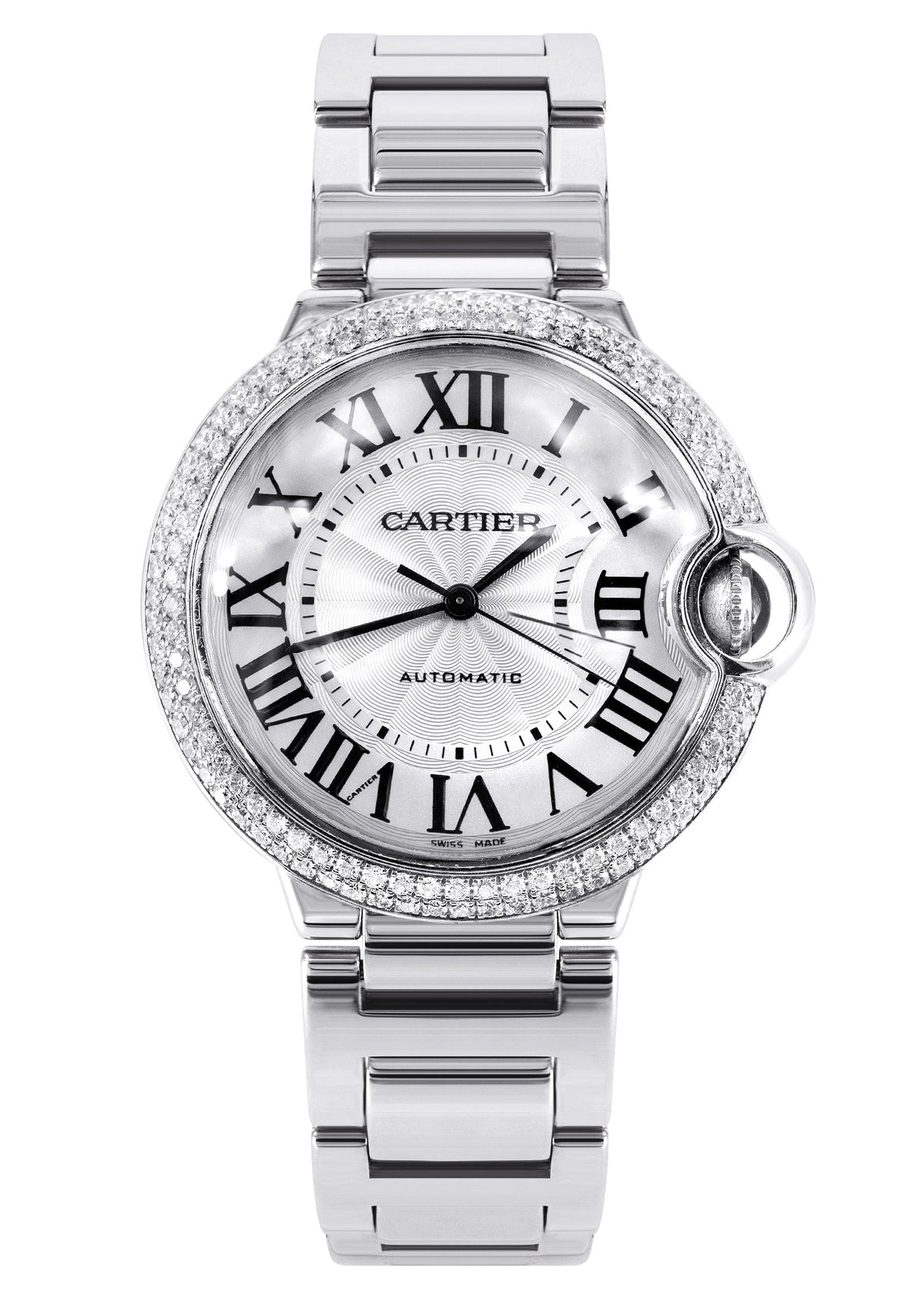 CARTIER DIAMOND BALLON BLEU WATCH IN 18K WHITE GOLD| DIAMOND BEZEL | WHITE ROMAN DIAL | 36 MM