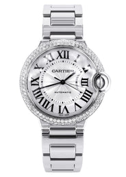 CARTIER DIAMOND BALLON BLEU WATCH IN 18K WHITE GOLD| DIAMOND BEZEL | WHITE ROMAN DIAL | 36 MM