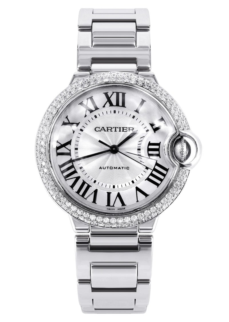 CARTIER DIAMOND BALLON BLEU WATCH IN 18K WHITE GOLD| DIAMOND BEZEL | WHITE ROMAN DIAL | 36 MM