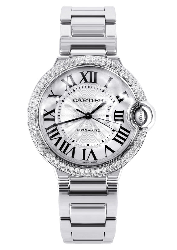 CARTIER DIAMOND BALLON BLEU WATCH IN 18K WHITE GOLD| DIAMOND BEZEL | WHITE ROMAN DIAL | 36 MM