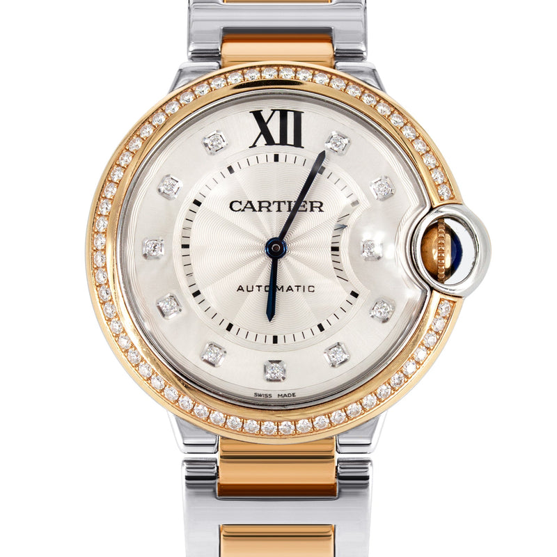 CARTIER DIAMOND BALLON BLEU WATCH IN 18K ROSE GOLD & STAINLESS STEEL | DIAMOND BEZEL | SILVER DIAMOND DIAL | 36 MM