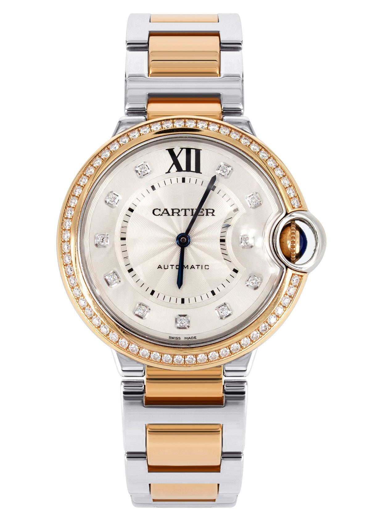 CARTIER DIAMOND BALLON BLEU WATCH IN 18K ROSE GOLD & STAINLESS STEEL | DIAMOND BEZEL | SILVER DIAMOND DIAL | 36 MM
