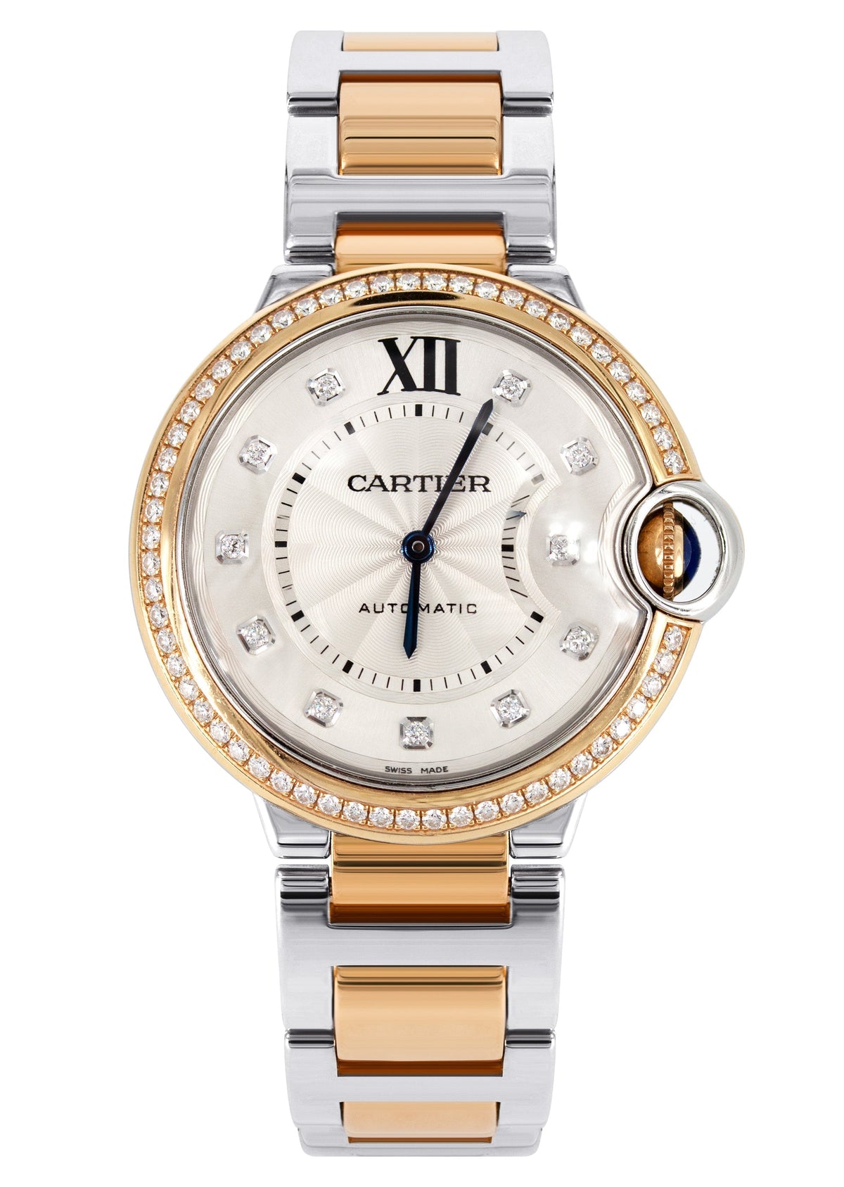 CARTIER DIAMOND BALLON BLEU WATCH IN 18K ROSE GOLD & STAINLESS STEEL | DIAMOND BEZEL | SILVER DIAMOND DIAL | 36 MM