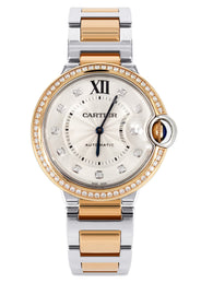 CARTIER DIAMOND BALLON BLEU WATCH IN 18K ROSE GOLD & STAINLESS STEEL | DIAMOND BEZEL | SILVER DIAMOND DIAL | 36 MM