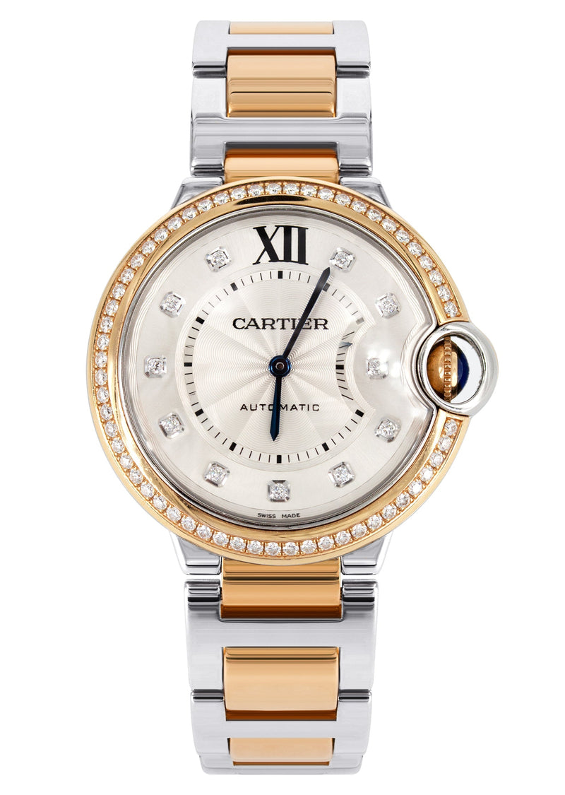 CARTIER DIAMOND BALLON BLEU WATCH IN 18K ROSE GOLD & STAINLESS STEEL | DIAMOND BEZEL | SILVER DIAMOND DIAL | 36 MM
