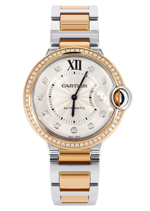 CARTIER DIAMOND BALLON BLEU WATCH IN 18K ROSE GOLD & STAINLESS STEEL | DIAMOND BEZEL | SILVER DIAMOND DIAL | 36 MM