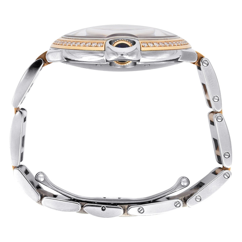 CARTIER DIAMOND BALLON BLEU WATCH IN 18K ROSE GOLD & STAINLESS STEEL | DIAMOND BEZEL | SILVER DIAMOND DIAL | 36 MM