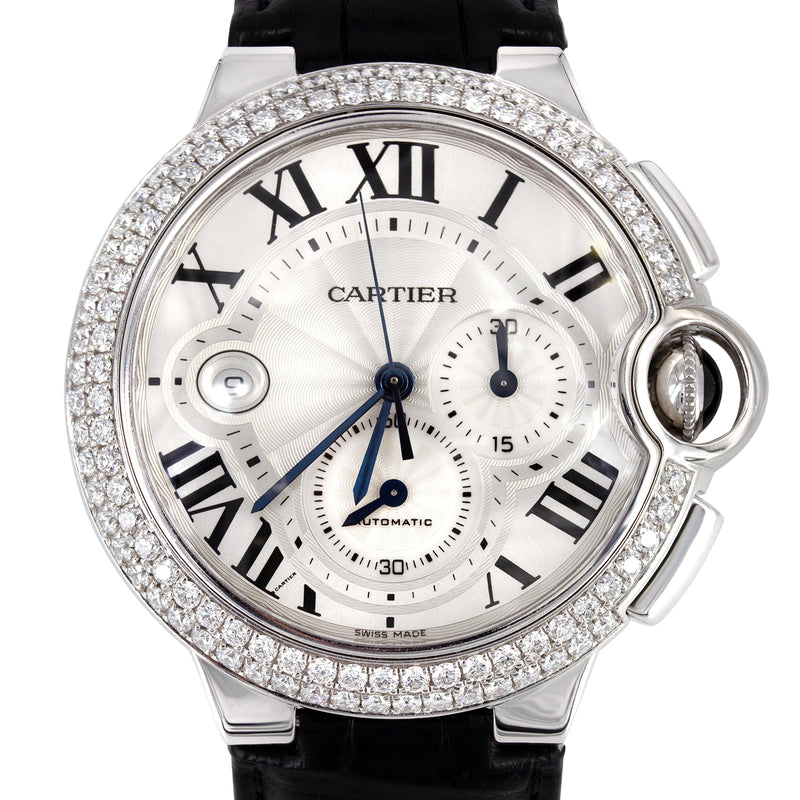 CARTIER DIAMOND BALLON BLEU CHRONOGRAPH WATCH IN 18K WHITE GOLD | DIAMOND BEZEL | SILVER ROMAN DIAL | 44 MM