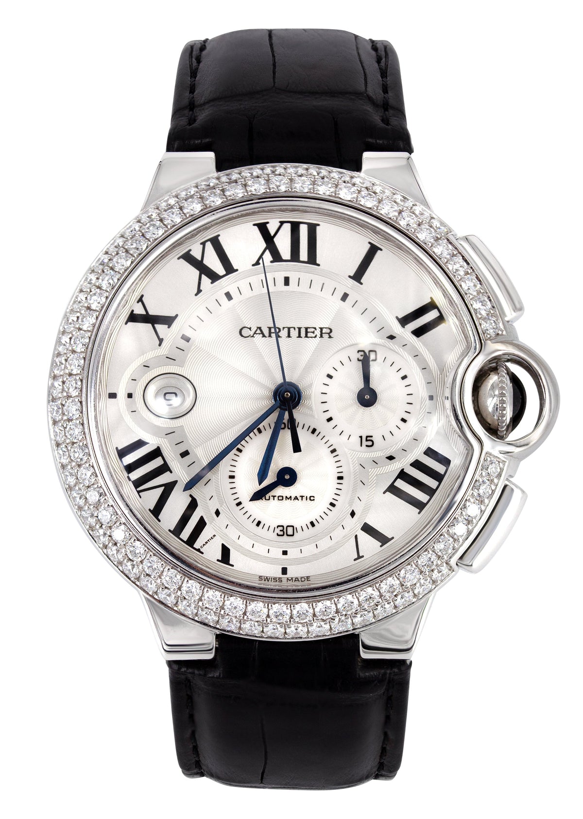 CARTIER DIAMOND BALLON BLEU CHRONOGRAPH WATCH IN 18K WHITE GOLD | DIAMOND BEZEL | SILVER ROMAN DIAL | 44 MM