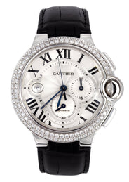 CARTIER DIAMOND BALLON BLEU CHRONOGRAPH WATCH IN 18K WHITE GOLD | DIAMOND BEZEL | SILVER ROMAN DIAL | 44 MM