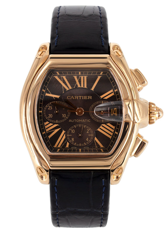 CARTIER ROADSTER XL CHRONOGRAPH WATCH IN 18K ROSE GOLD | CHOCOLATE ROMAN DIAL | 44 MM
