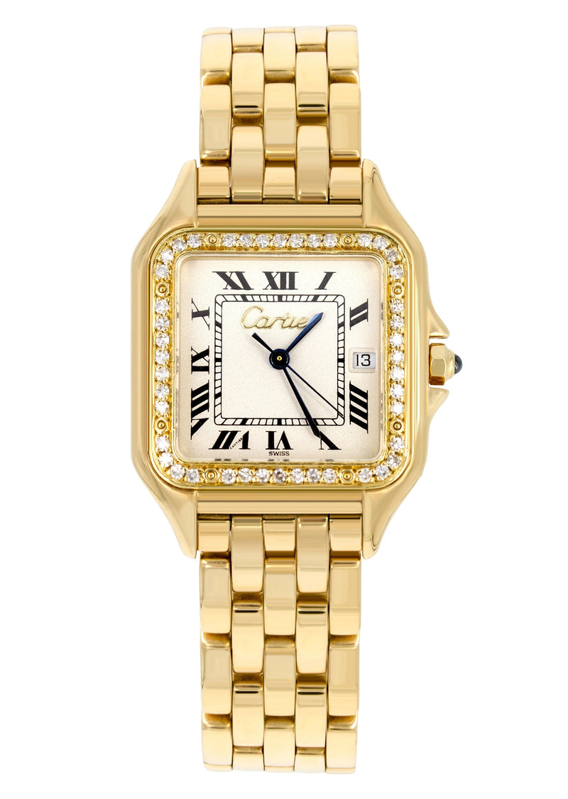 CARTIER DIAMOND PANTHERE WATCH IN 18K GOLD | WHITE DIAL | 27 MM