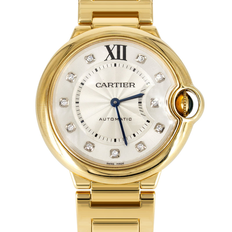 CARTIER DIAMOND BALLON BLEU WATCH IN 18K GOLD | SILVER DIAMOND DIAL | 36 MM