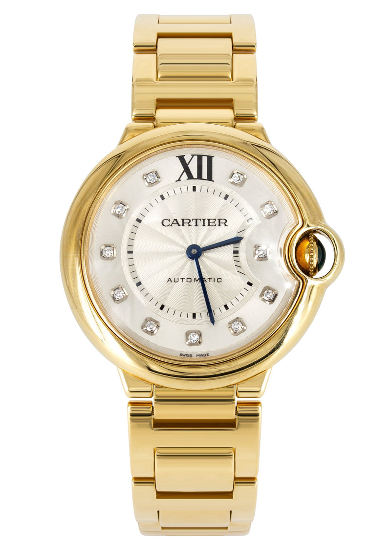 CARTIER DIAMOND BALLON BLEU WATCH IN 18K GOLD | SILVER DIAMOND DIAL | 36 MM