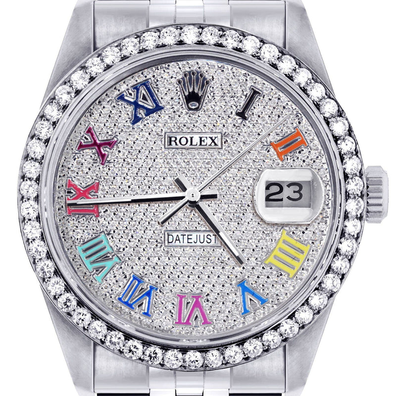 Diamond Mens Rolex Datejust Watch 16200  | 36MM | Full Diamond Color Roman Dial | Jubilee Band
