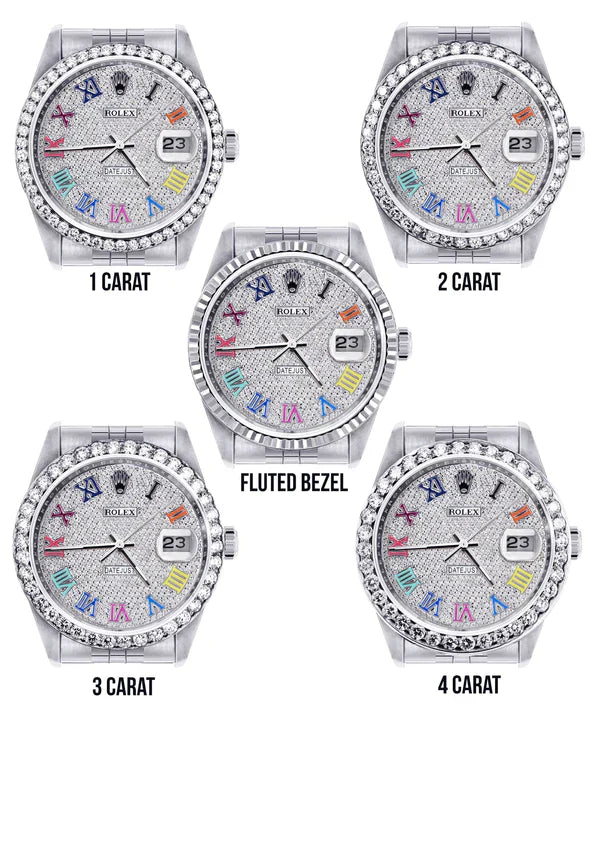 Diamond Rolex Datejust Watch 16200 | 36MM | Full Diamond Color Roman Dial | Stainless Steel | Jubilee Band