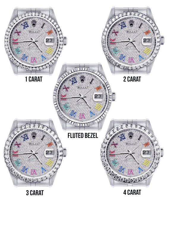 Diamond Mens Rolex Datejust Watch 16200  | 36MM | Full Diamond Color Roman Dial | Jubilee Band