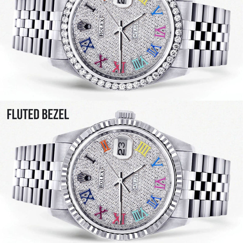 Diamond Mens Rolex Datejust Watch 16200  | 36MM | Full Diamond Color Roman Dial | Jubilee Band