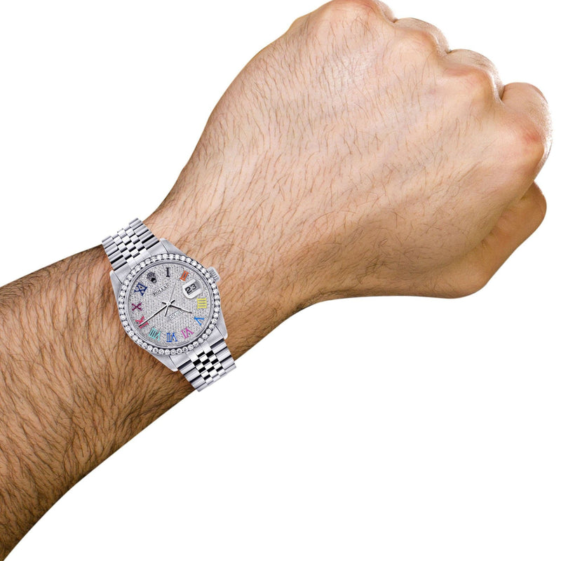 Diamond Mens Rolex Datejust Watch 16200  | 36MM | Full Diamond Color Roman Dial | Jubilee Band
