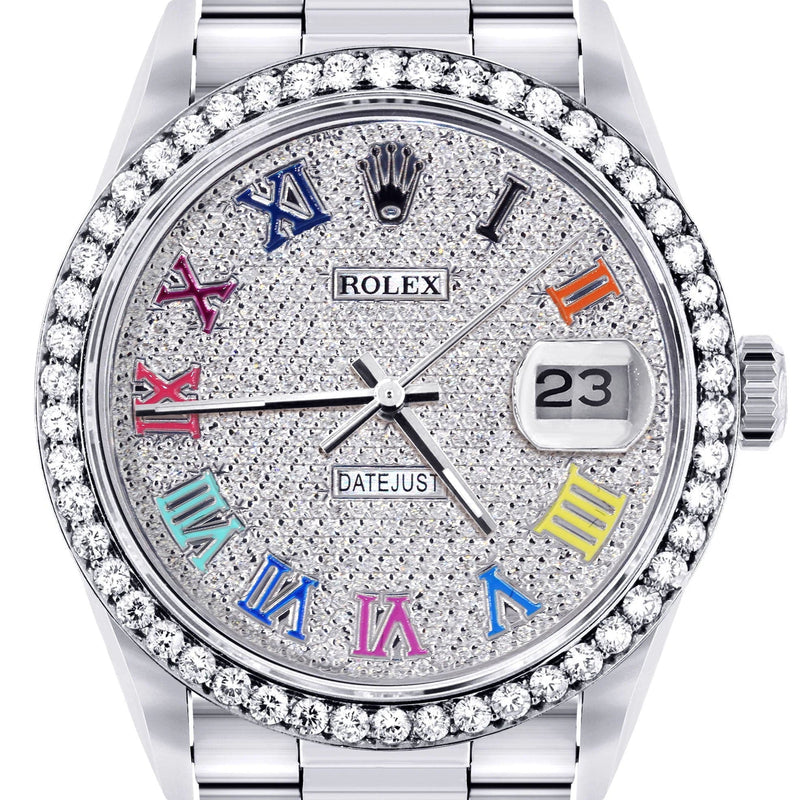Diamond Mens Rolex Datejust Watch 16200  | 36MM | Full Diamond Color Roman Dial | Oyster Band