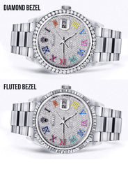 Diamond Mens Rolex Datejust Watch 16200  | 36MM | Full Diamond Color Roman Dial | Oyster Band