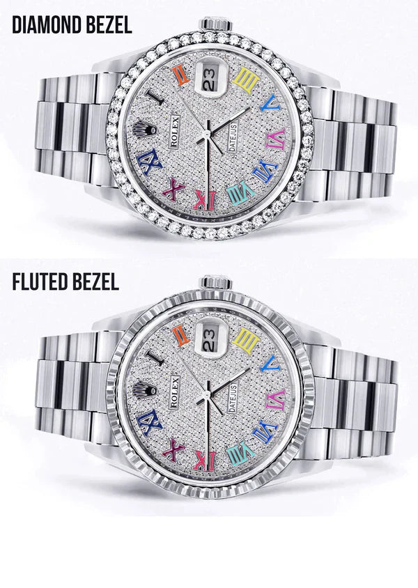 Diamond Rolex Datejust Watch 16200 | 36MM | Full Diamond Color Roman Dial | Stainless Steel | Oyster Band