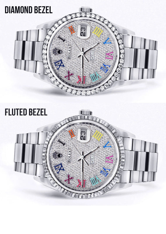 Diamond Mens Rolex Datejust Watch 16200  | 36MM | Full Diamond Color Roman Dial | Oyster Band