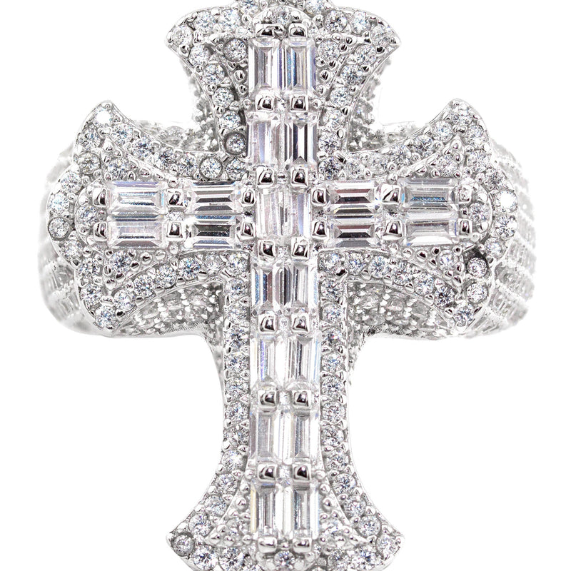 Mens Silver Baguette Cross Ring | Appx 10.8 Grams