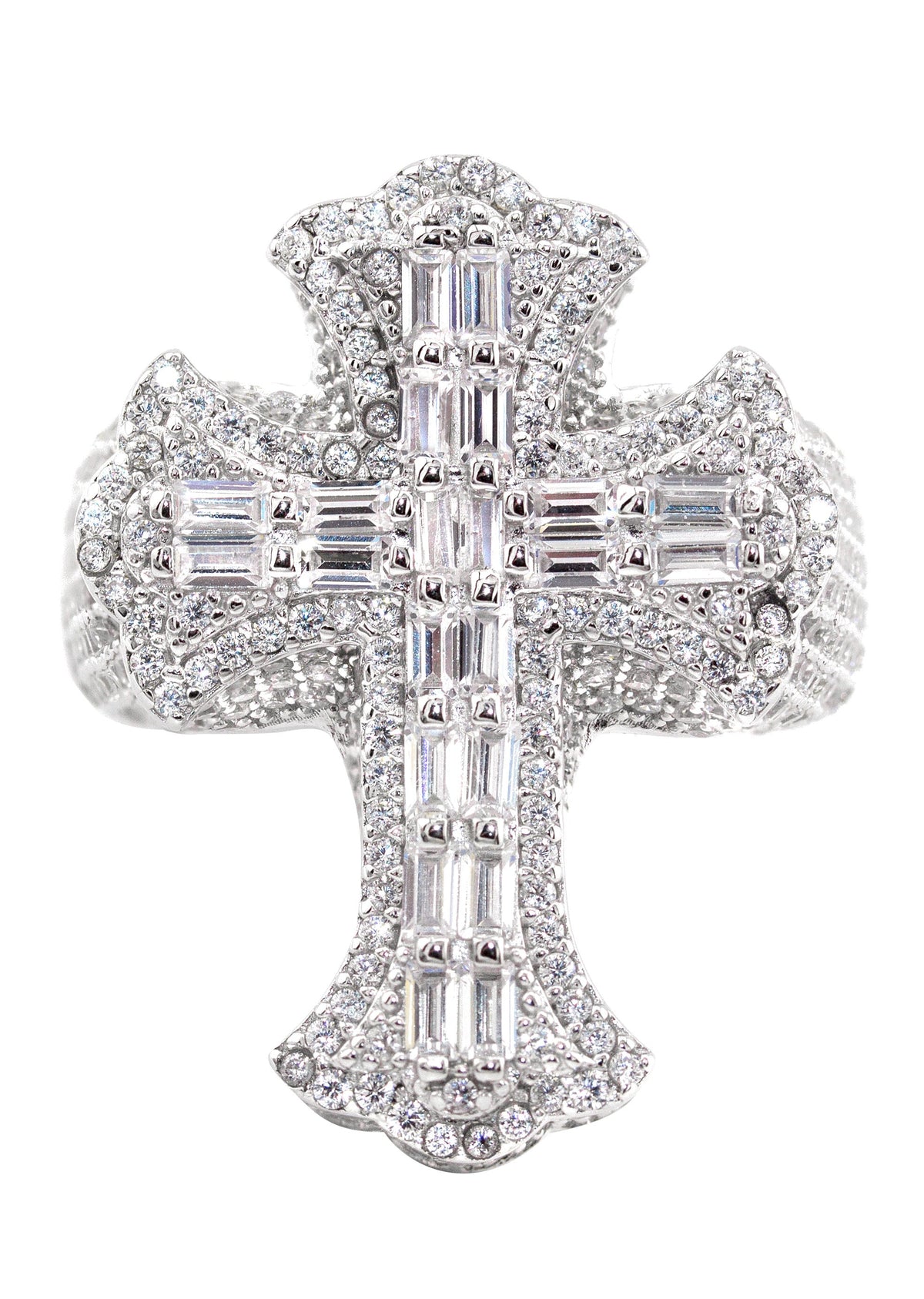 Mens Silver Baguette Cross Ring | Appx 10.8 Grams