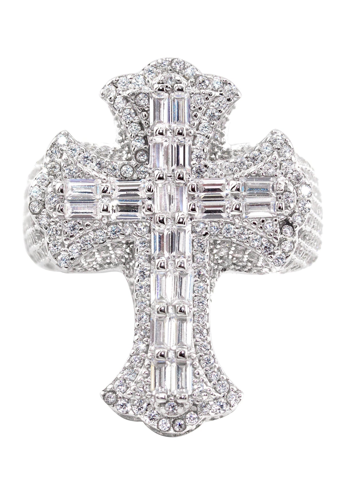 Mens Silver Baguette Cross Ring | Appx 10.8 Grams