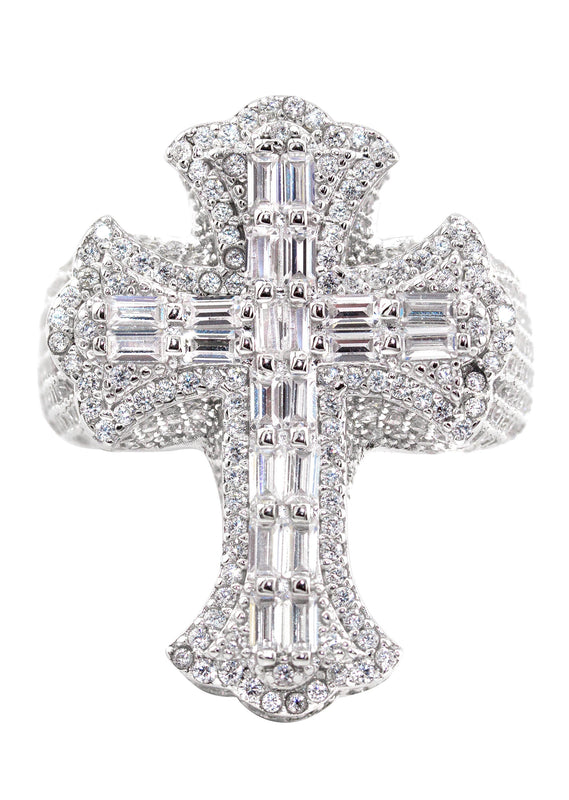 Mens Silver Baguette Cross Ring | Appx 10.8 Grams