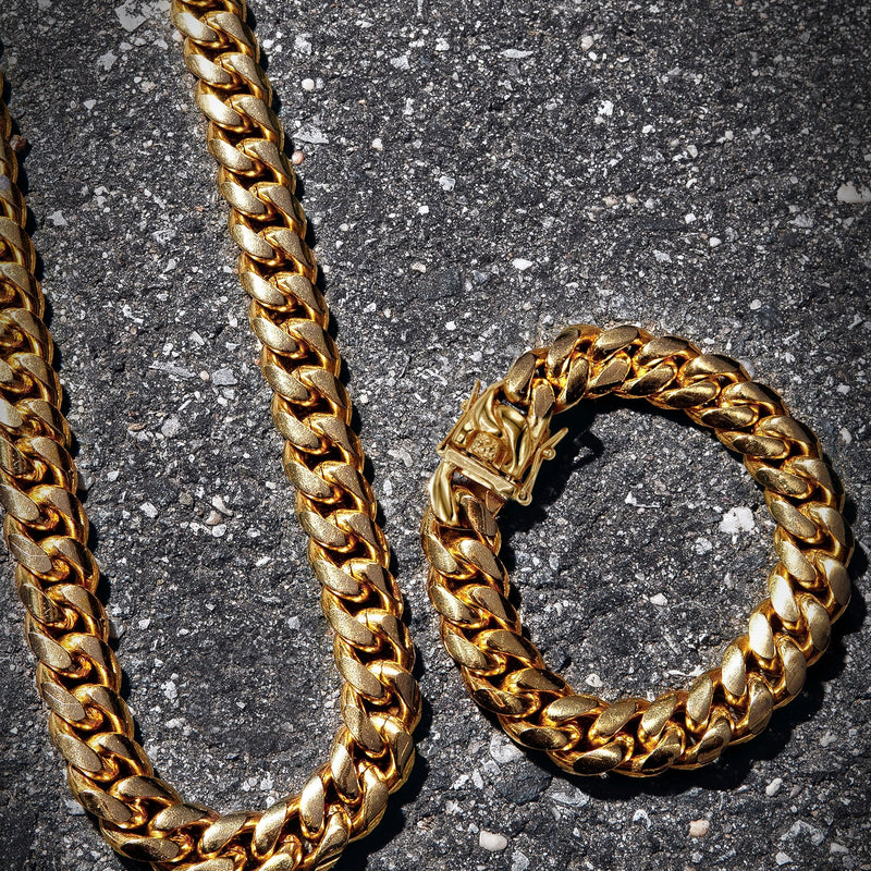 Solid Gold Plated Miami Cuban Link Chain & Bracelet ( 14 Mm )