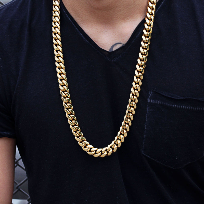 Solid Gold Plated Miami Cuban Link Chain & Bracelet ( 14 Mm )