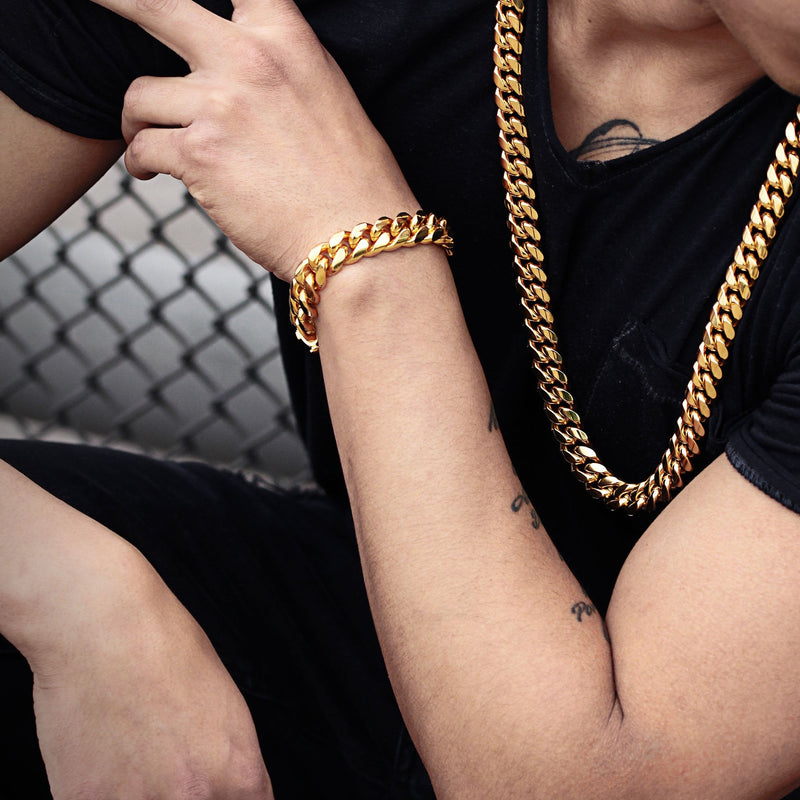 Solid Gold Plated Miami Cuban Link Chain & Bracelet ( 14 Mm )