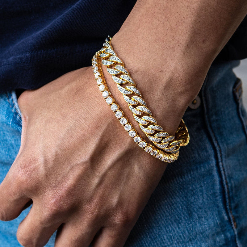 Gold Plated Miami Cuban Link Bracelet (10 MM ) & Tennis Bracelet