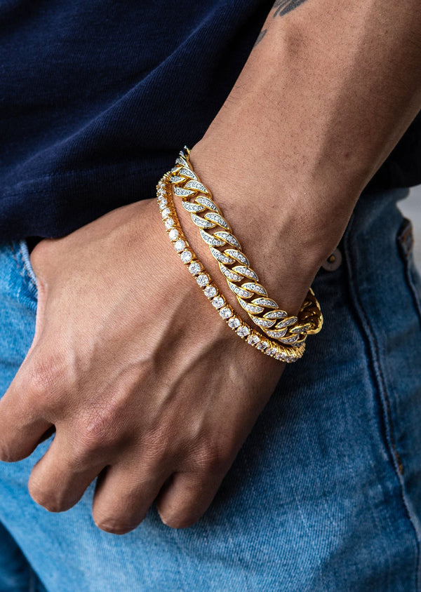 Gold Plated Miami Cuban Link Bracelet (10 MM ) & Tennis Bracelet