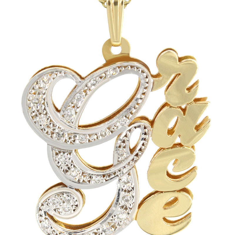 14K Gold  Two Tone  Diamonds Name Plate Necklace | Style #22