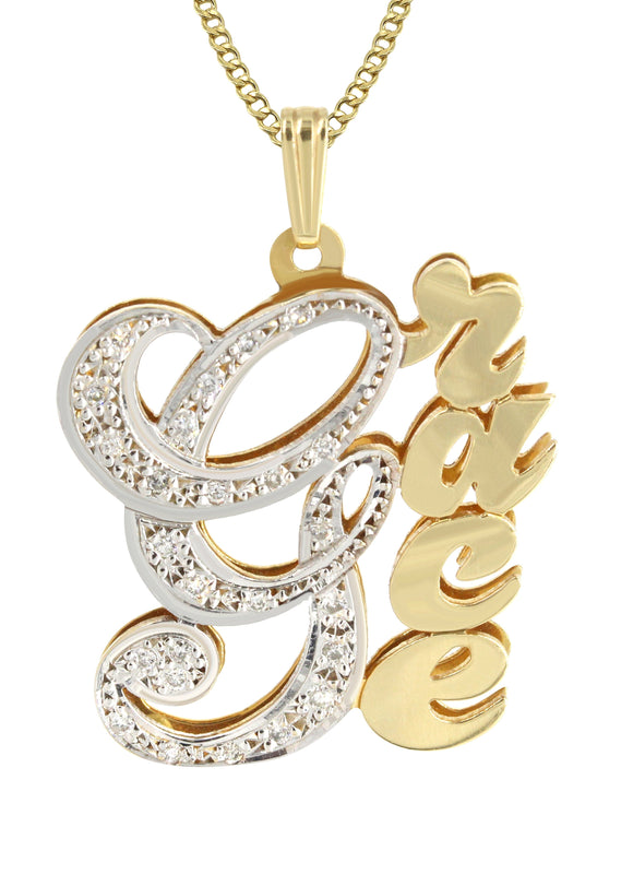 14K Gold  Two Tone  Diamonds Name Plate Necklace | Style #22