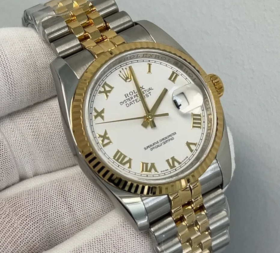 Rolex Datejust 36 Steel White Roman Dial Fluted 18K Gold Two Tone Jubilee Watch 116233