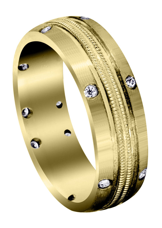 Yellow Gold Diamond Mens Wedding Band | 0.18 Carats | Satin Finish (Walker)