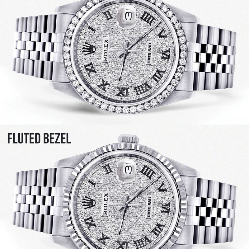 Mens Diamond Rolex Datejust Watch 16200  | 36MM | Fully Iced Out Diamond Roman Dial | Jubilee Band