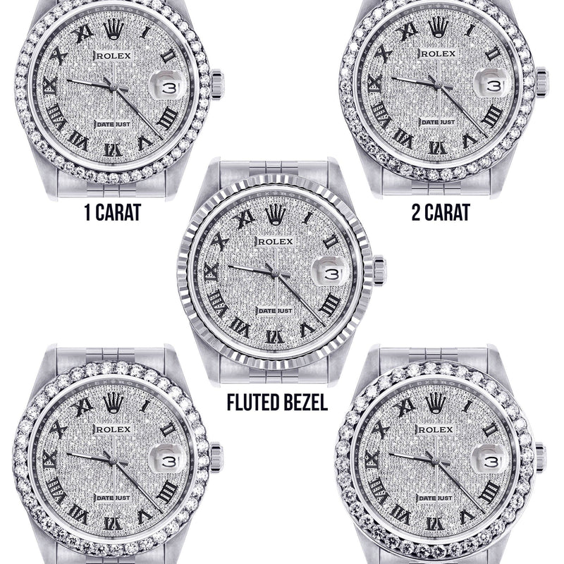 Mens Diamond Rolex Datejust Watch 16200  | 36MM | Fully Iced Out Diamond Roman Dial | Jubilee Band